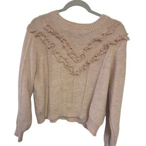 LUSH Peach Lace Ruffle V-Trim Knit Sweater Crew Neck Long Sleeve Womens XL‎